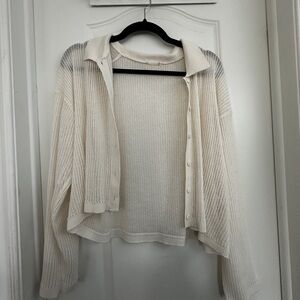 Light Cream Open-Knit Button-Up Crop Cardigan